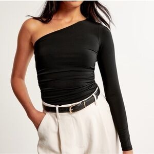 A&F Long-Sleeve Slinky Jersey Asymmetrical Ruched Top - Black